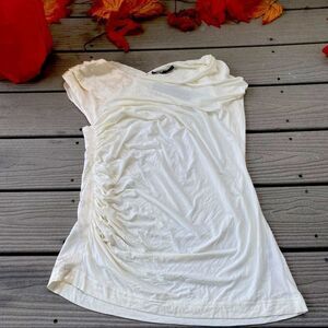 Antonio Melani Woman’s Cream Silk Trim Asymmetrical Ruched Blouse Top Size Large